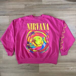 Nirvana Oversized Pink Smiley Face Pullover Crewneck Sweatshirt Sz L/XL Grunge
